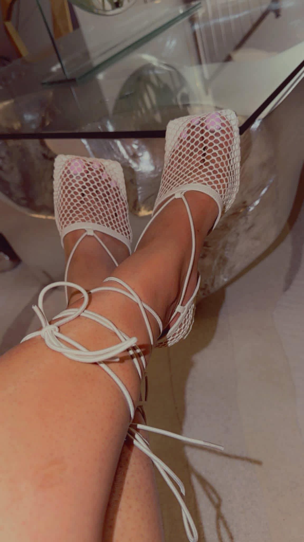 Fishnet square toe heels