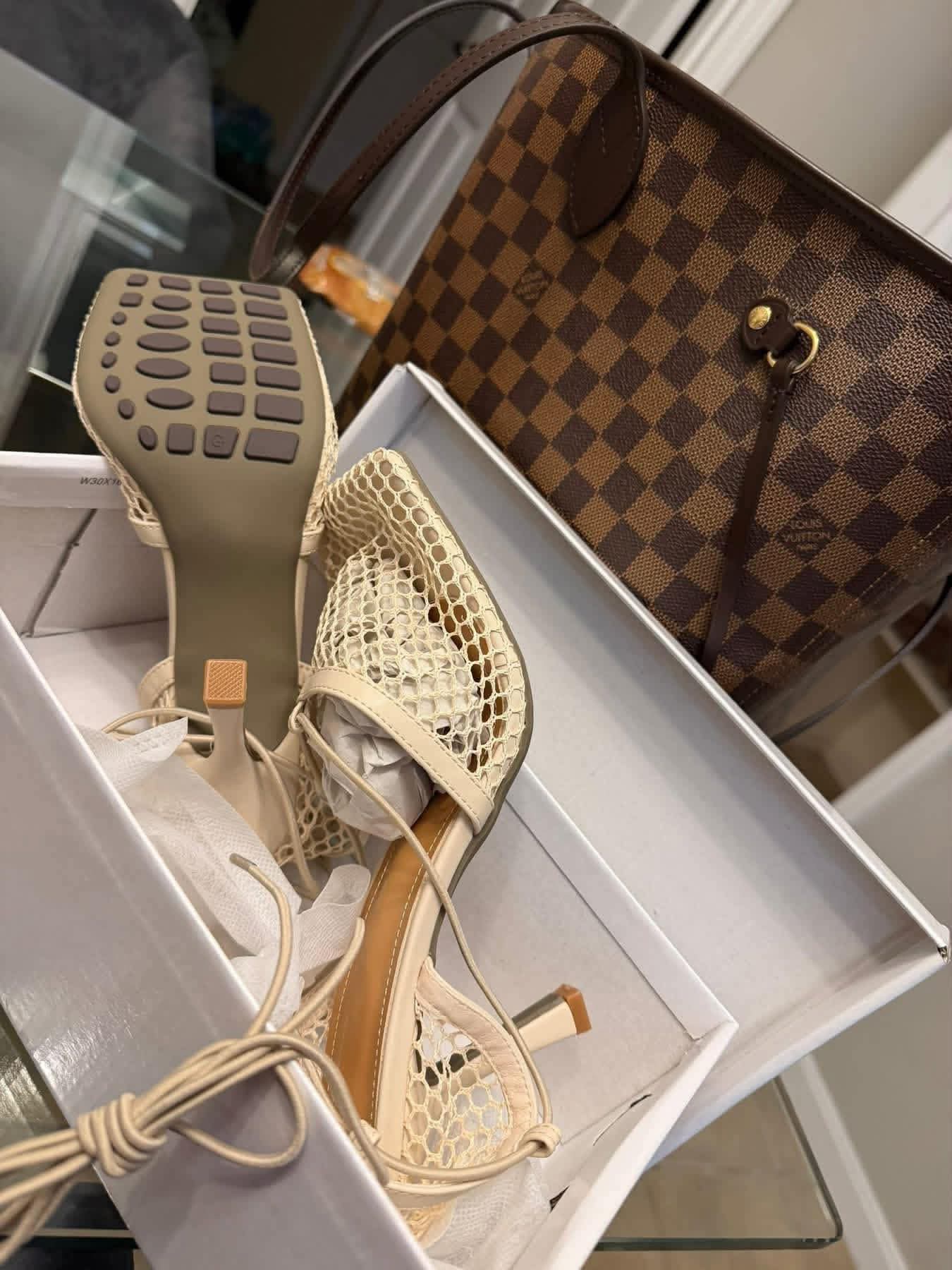Fishnet square toe heels