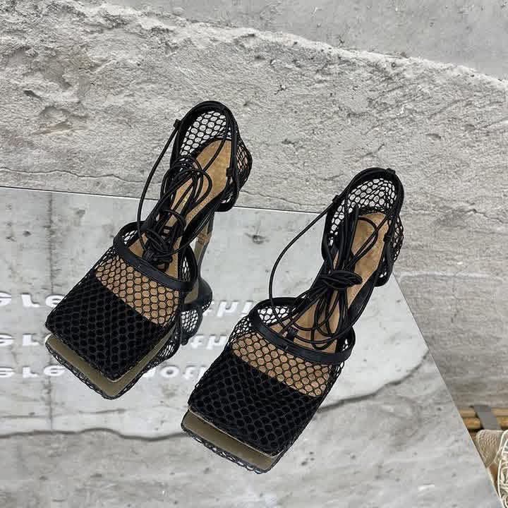 Fishnet square toe heels